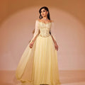 Luxury Yellow Beaded A Line Evening Dress With Cape Sleeves LA73641
