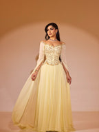 Luxury Yellow Beaded A Line Evening Dress With Cape Sleeves LA73641