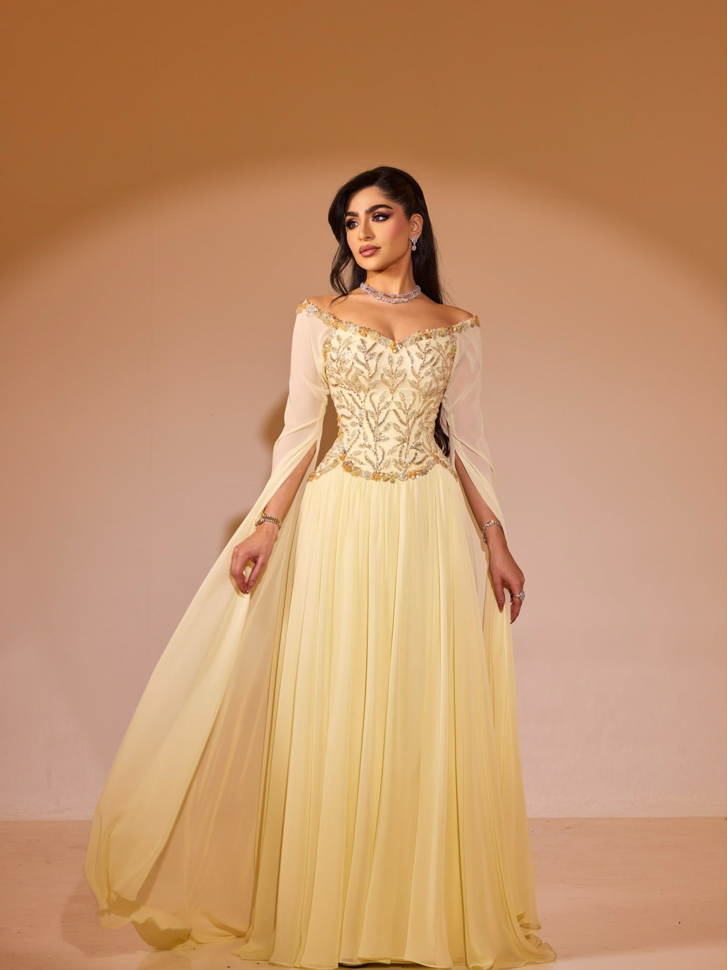 Luxury Yellow Beaded A Line Evening Dress With Cape Sleeves LA73641
