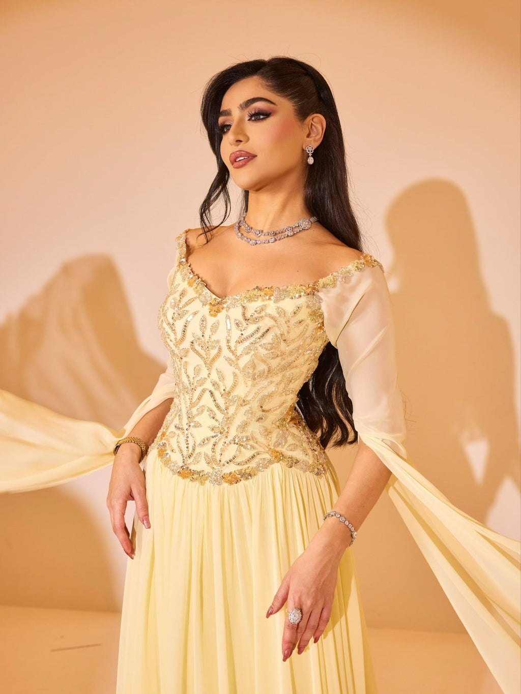 Luxury Yellow Beaded A Line Evening Dress With Cape Sleeves LA73641