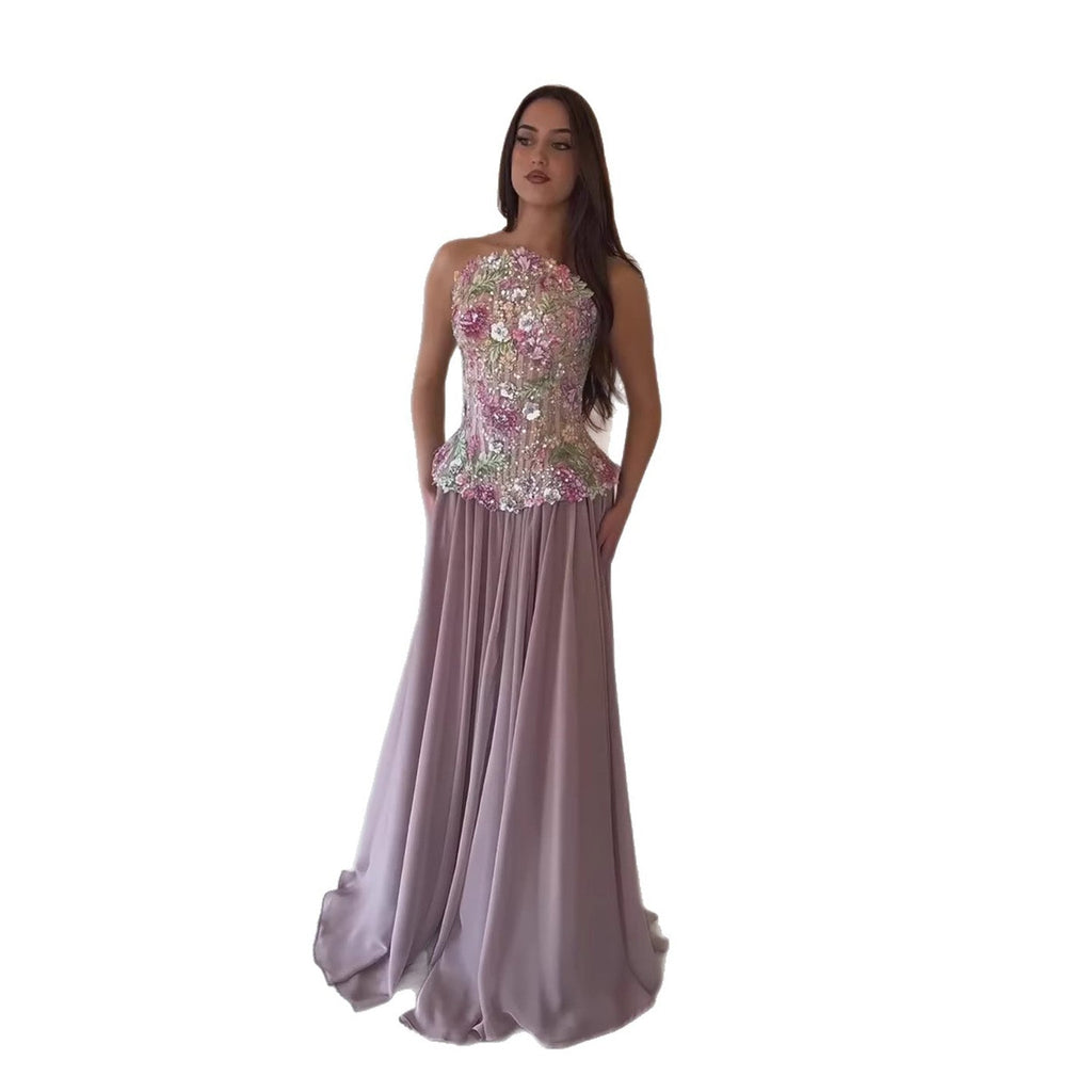 Luxury Pink Appliques Beaded Strapless Evening Dress LA73642