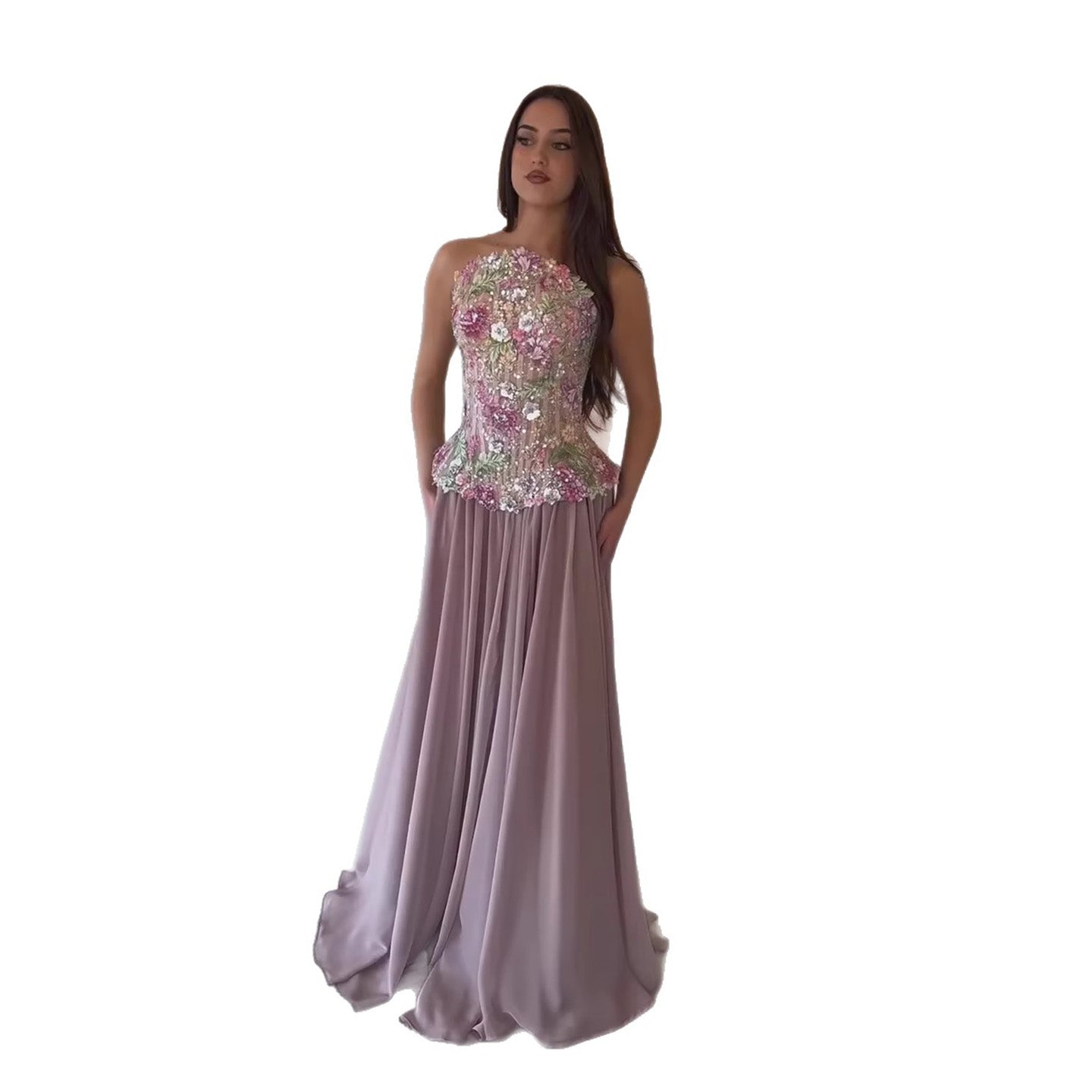 Luxury Pink Appliques Beaded Strapless Evening Dress LA73642