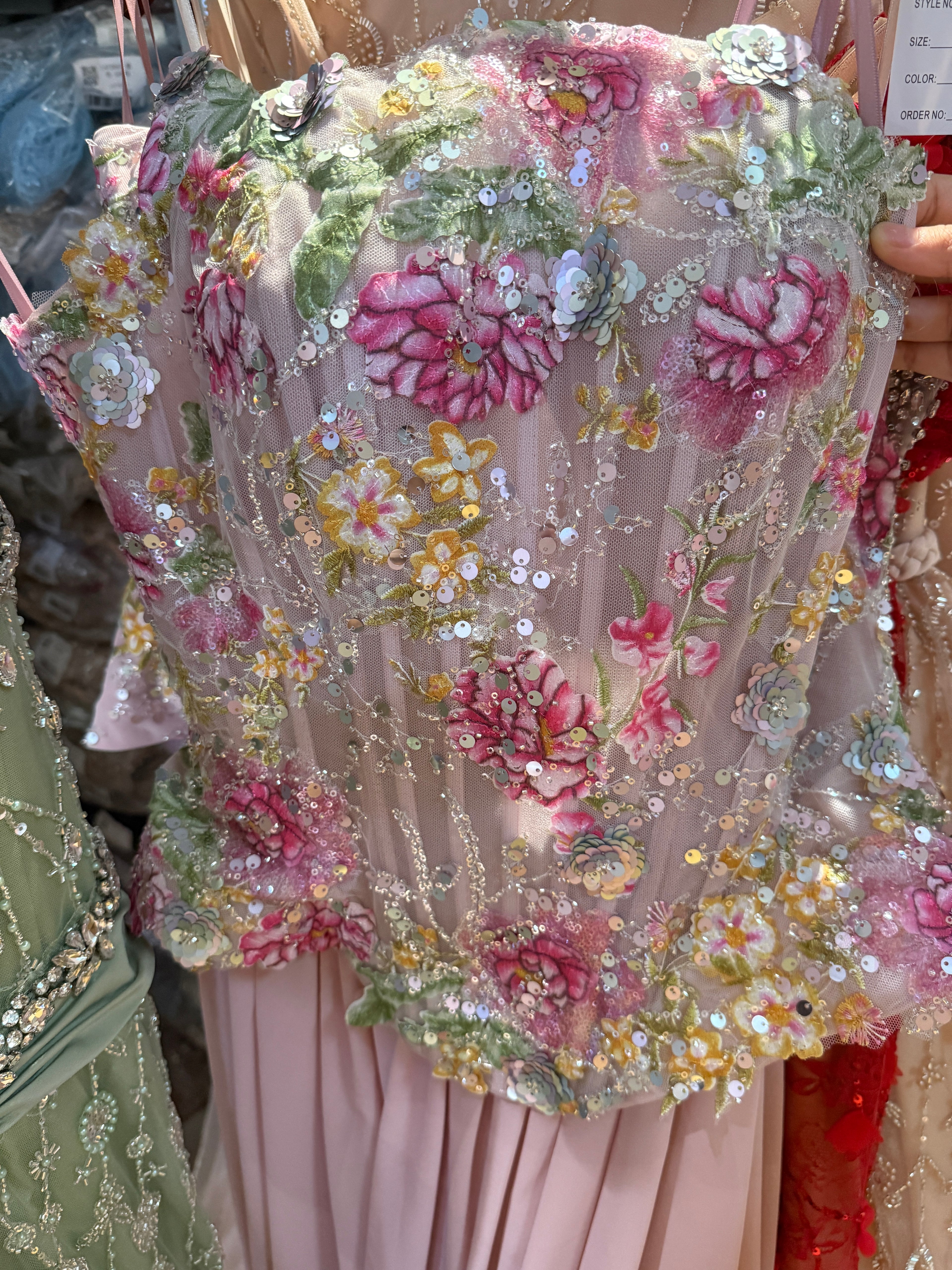 Luxury Dusty Pink 3D Floral Applique  Beaded Strapless Vintage Floral  Evening Dress CLA73642