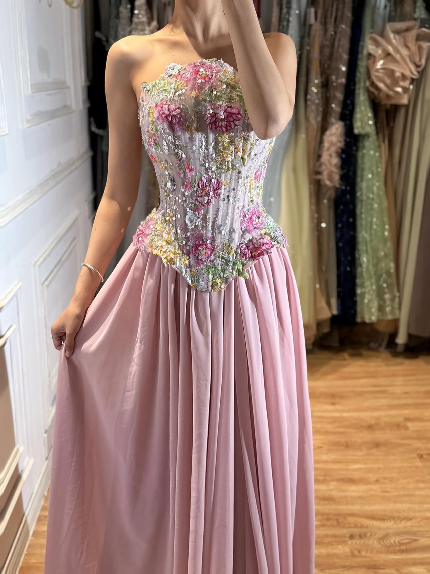 Luxury Dusty Pink 3D Floral Applique  Beaded Strapless Vintage Floral  Evening Dress CLA73642