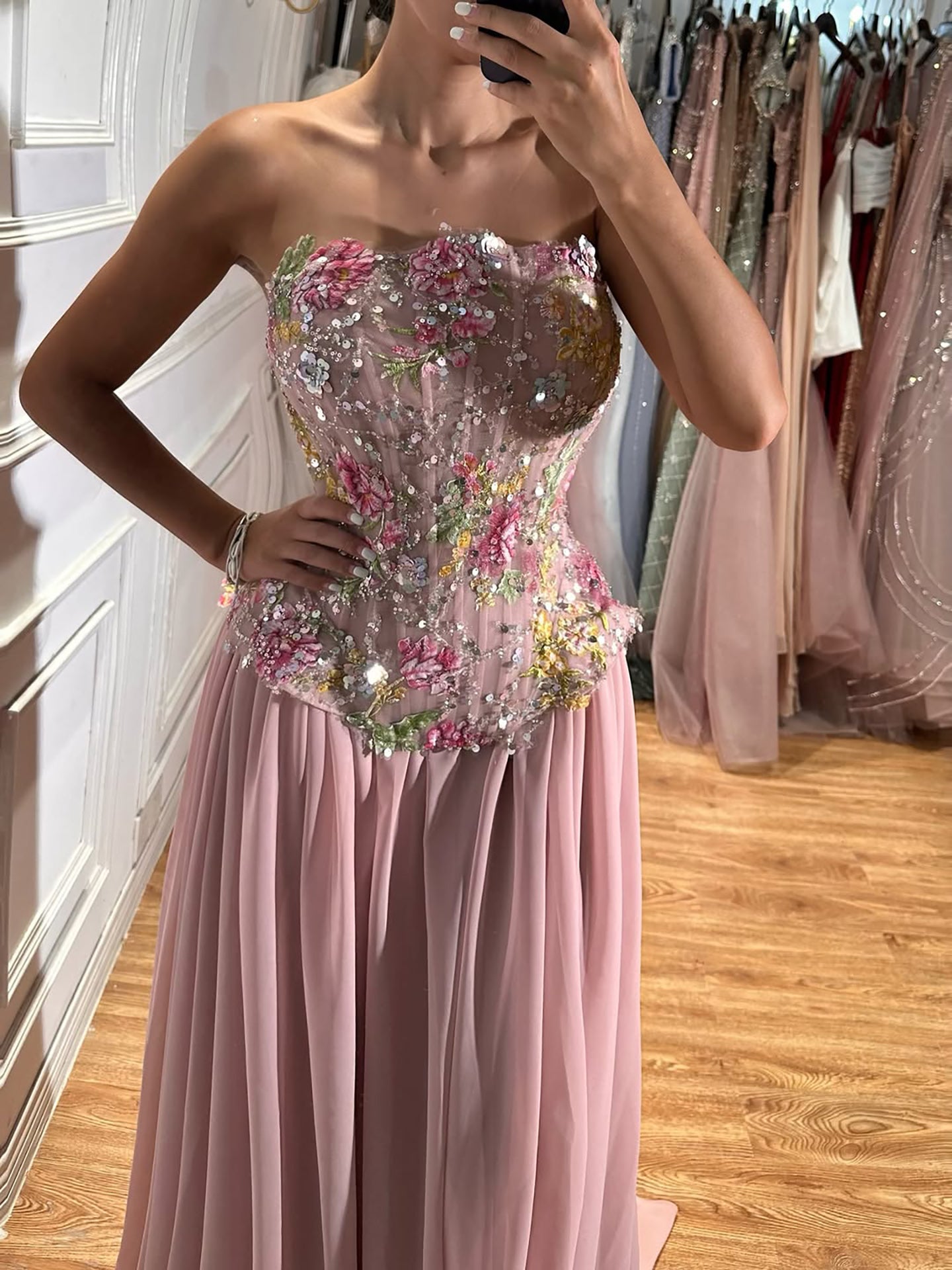 Luxury Dusty Pink 3D Floral Applique  Beaded Strapless Vintage Floral  Evening Dress CLA73642