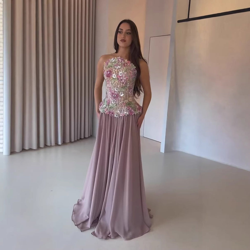 Luxury Pink Appliques Beaded Strapless Evening Dress LA73642