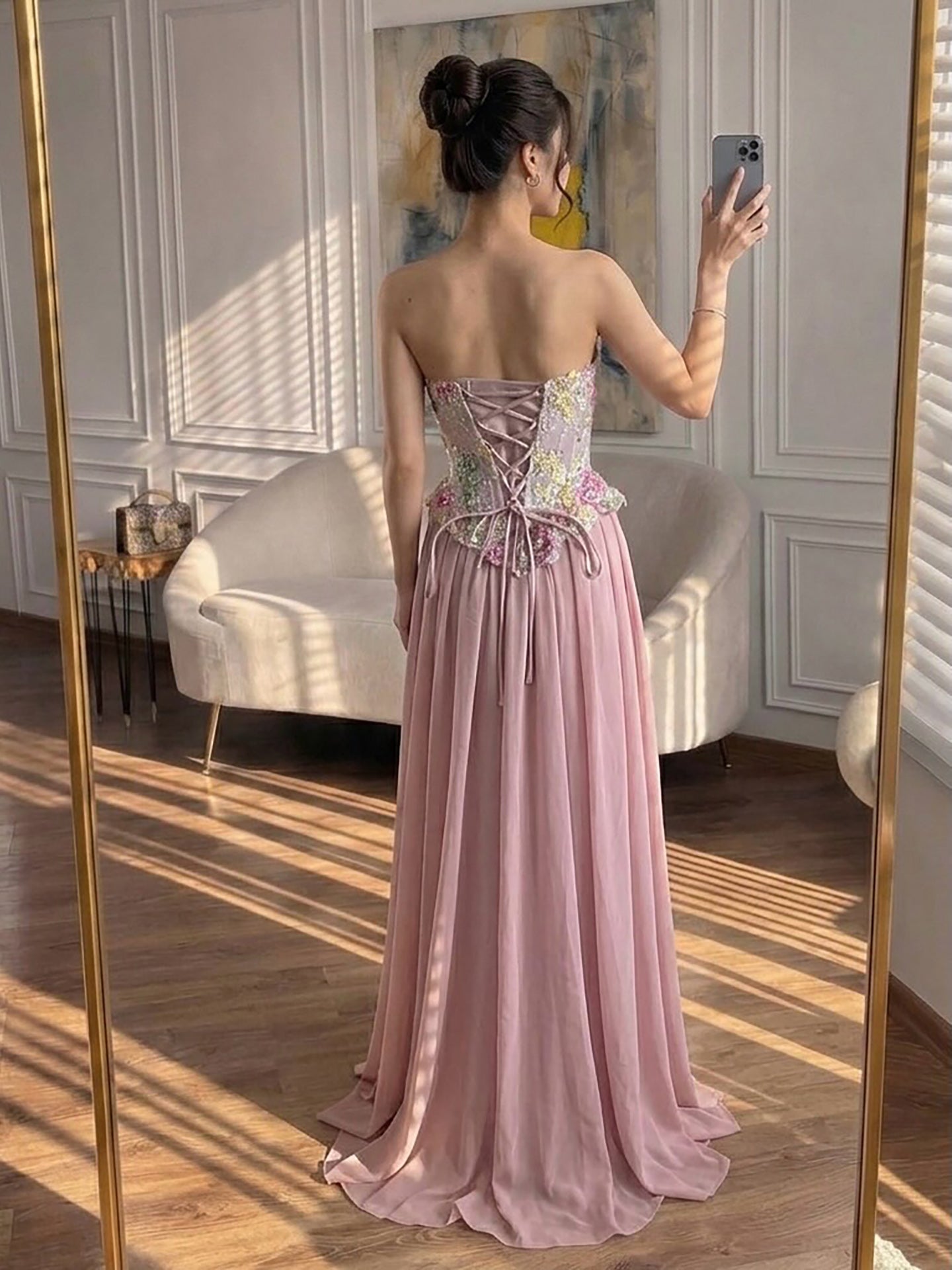 Luxury Dusty Pink 3D Floral Applique  Beaded Strapless Vintage Floral  Evening Dress CLA73642