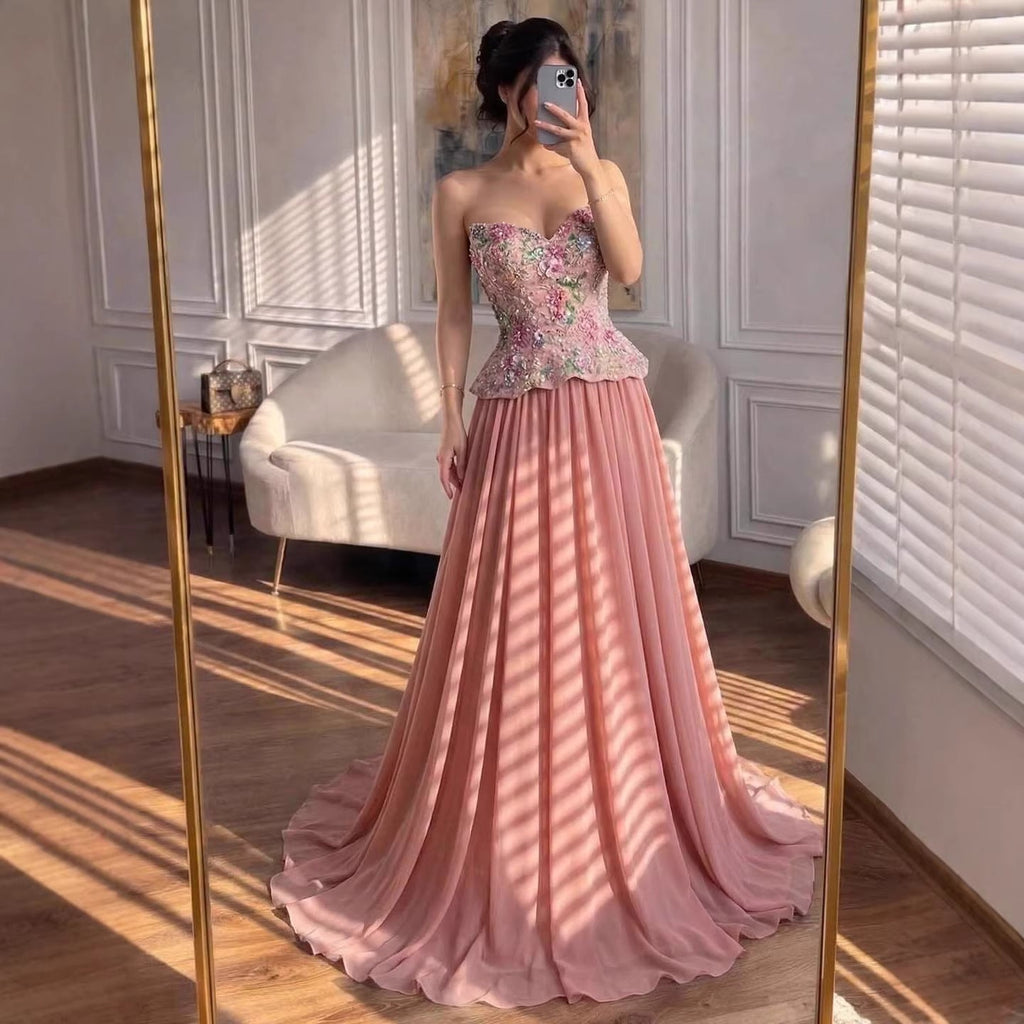 Luxury Pink Strapless Sweetheart Beaded Floral A-Line Evening Dress CLA73643
