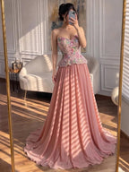 Luxury Pink Strapless Sweetheart Beaded Floral A-Line Evening Dress CLA73643