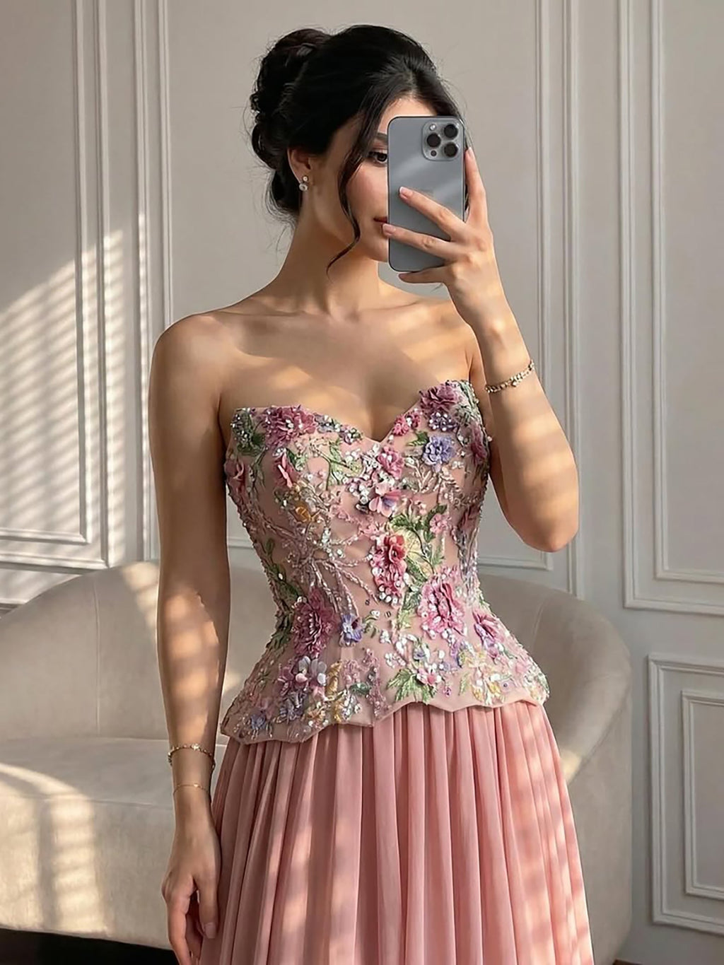 Luxury Pink Strapless Sweetheart Beaded Floral A-Line Evening Dress CLA73643