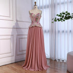 Luxury Pink Strapless Sweetheart Beaded Floral A-Line Evening Dress CLA73643