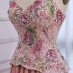 Luxury Pink Strapless Sweetheart Beaded Floral A-Line Evening Dress CLA73643