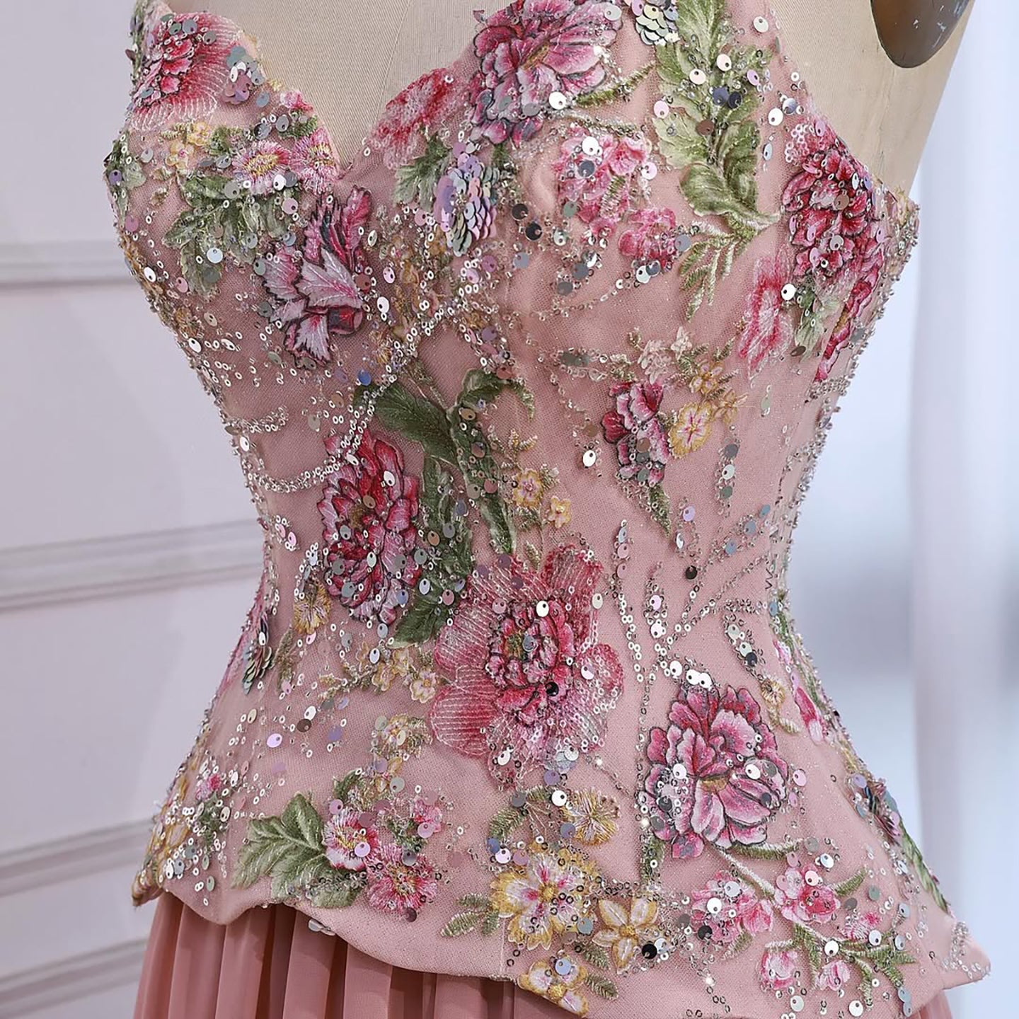 Luxury Pink Strapless Sweetheart Beaded Floral A-Line Evening Dress CLA73643