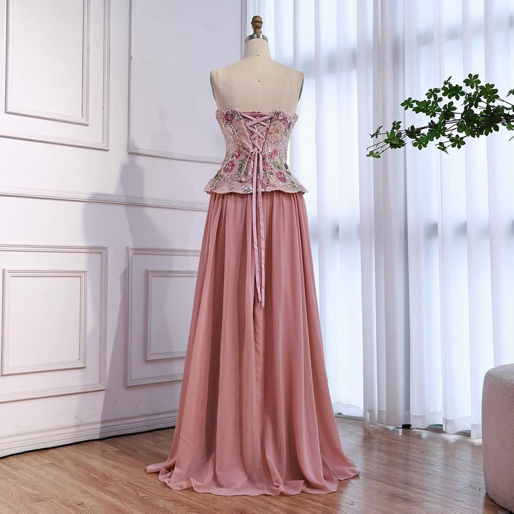 Luxury Pink Strapless Sweetheart Beaded Floral A-Line Evening Dress CLA73643