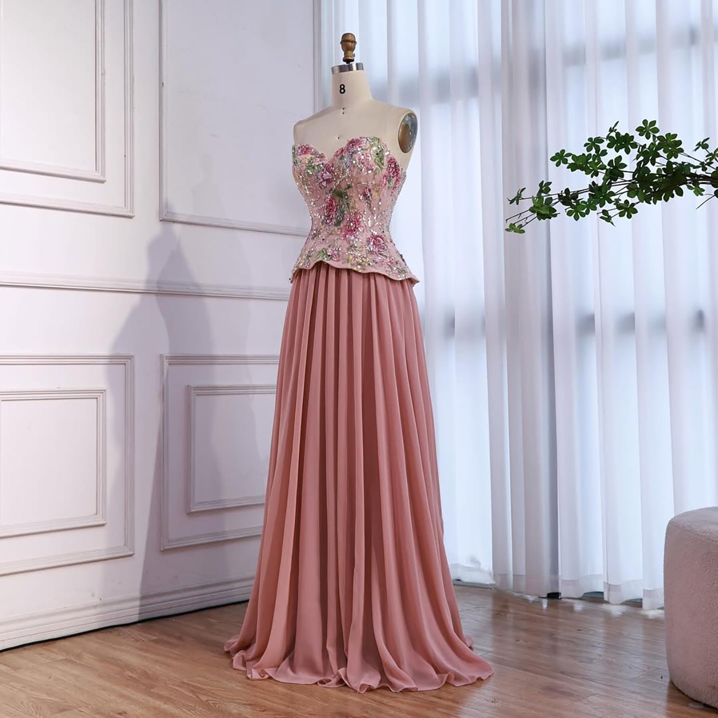 Luxury Pink Strapless Sweetheart Beaded Floral A-Line Evening Dress CLA73643