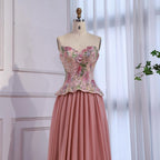 Luxury Pink Strapless Sweetheart Beaded Floral A-Line Evening Dress CLA73643