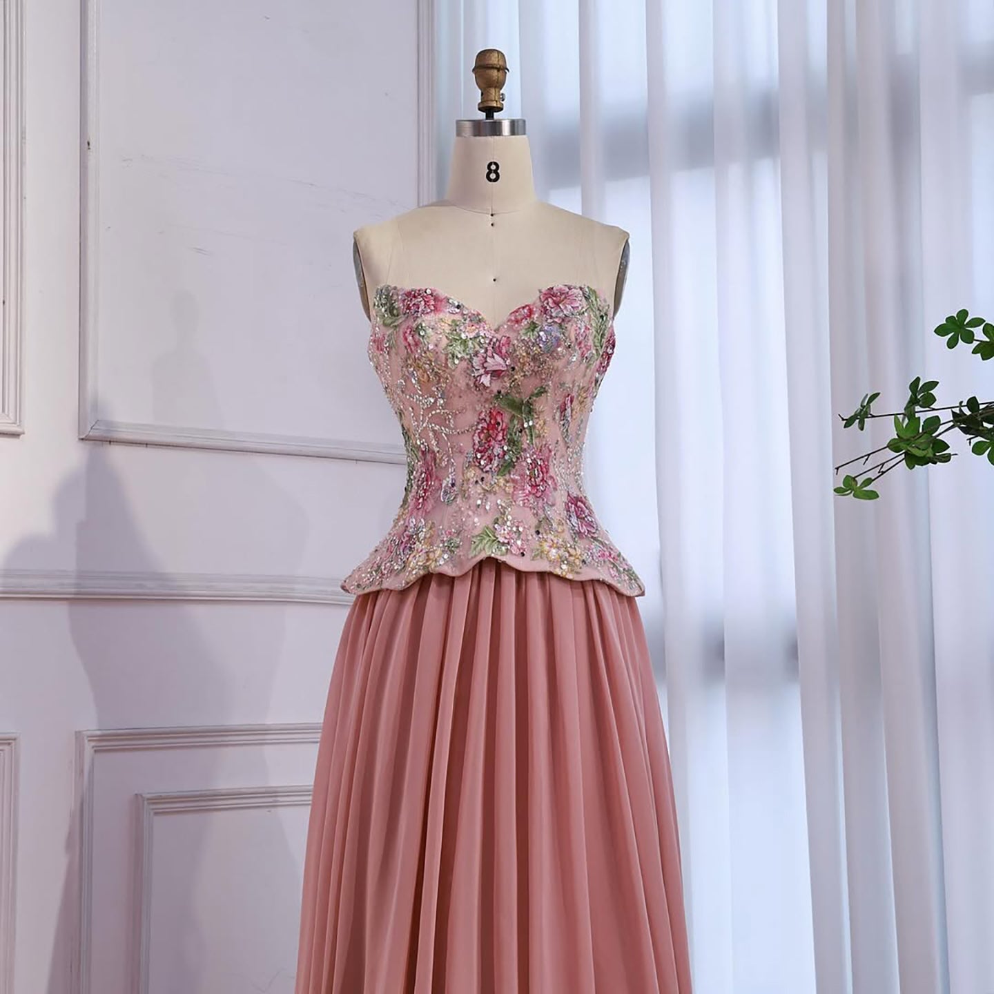 Luxury Pink Strapless Sweetheart Beaded Floral A-Line Evening Dress CLA73643