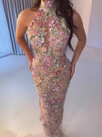 Luxury Pink Appliques Beaded Halter Mermaid Evening Dress LA73644
