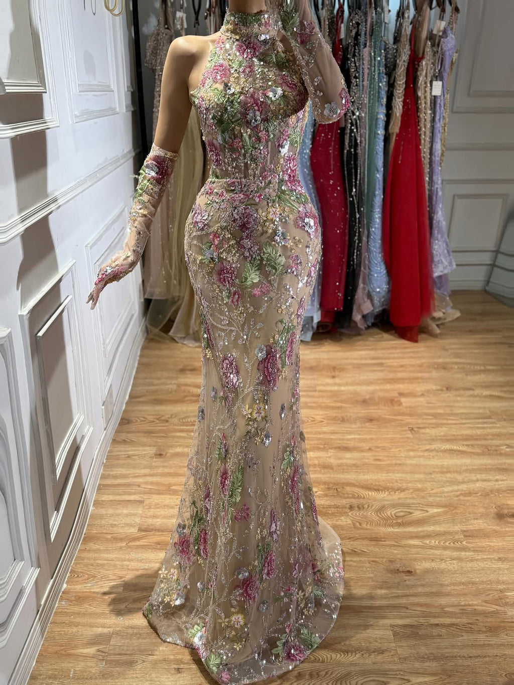 Luxury Nude Pink High Neck Floral Beaded Mermaid Gown LA73644A