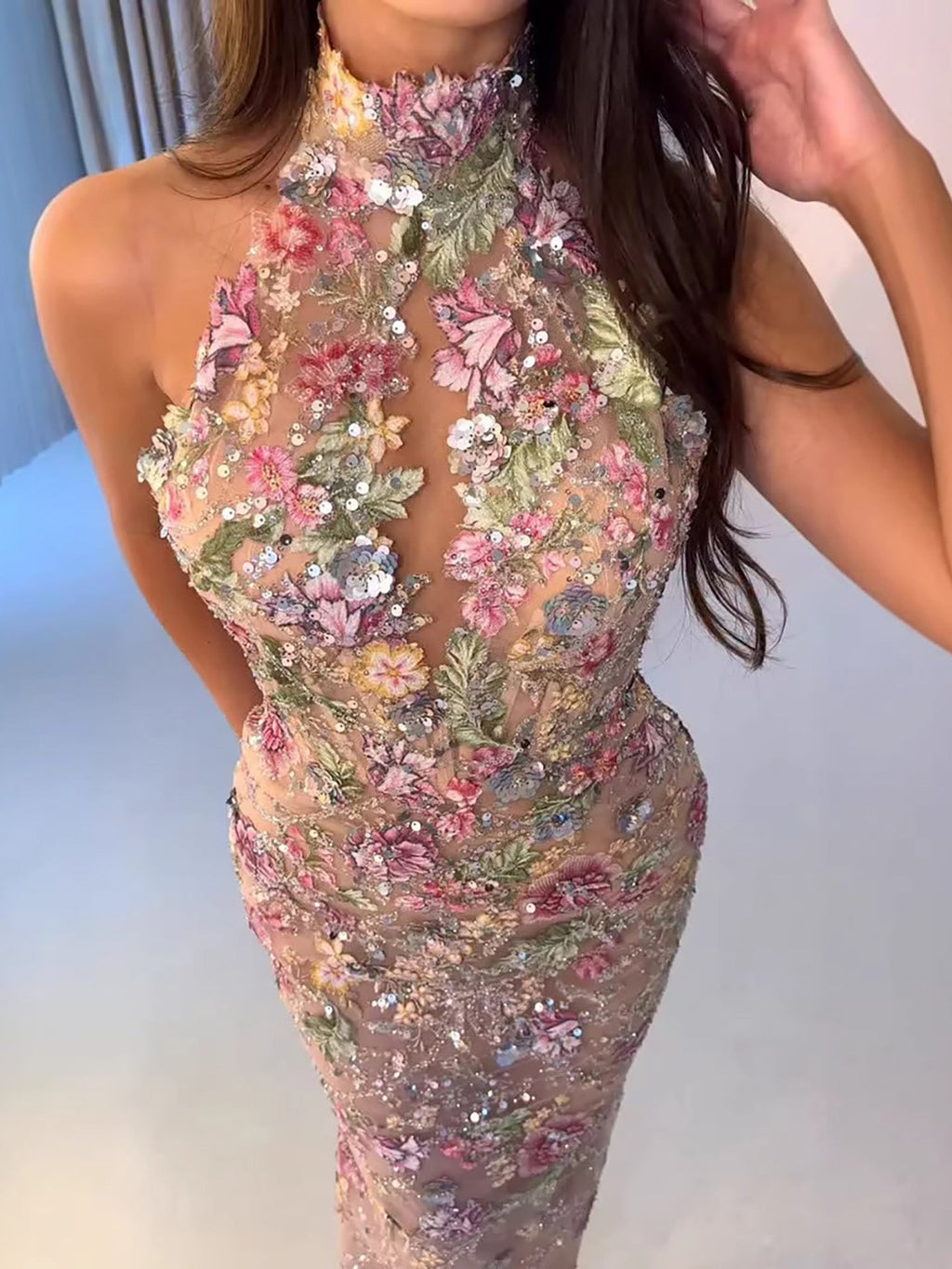 Luxury Pink Appliques Beaded Halter Mermaid Evening Dress LA73644