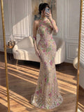 Luxury Nude Pink High Neck Floral Beaded Mermaid Gown LA73644A