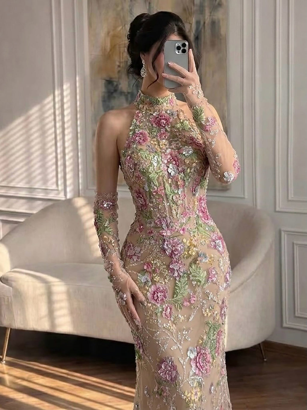 Luxury Nude Pink High Neck Floral Beaded Mermaid Gown LA73644A