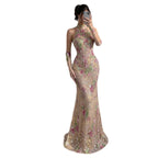 Luxury Nude Pink High Neck Floral Beaded Mermaid Gown LA73644A