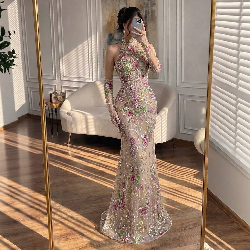 Luxury Nude Pink High Neck Floral Beaded Mermaid Gown LA73644A