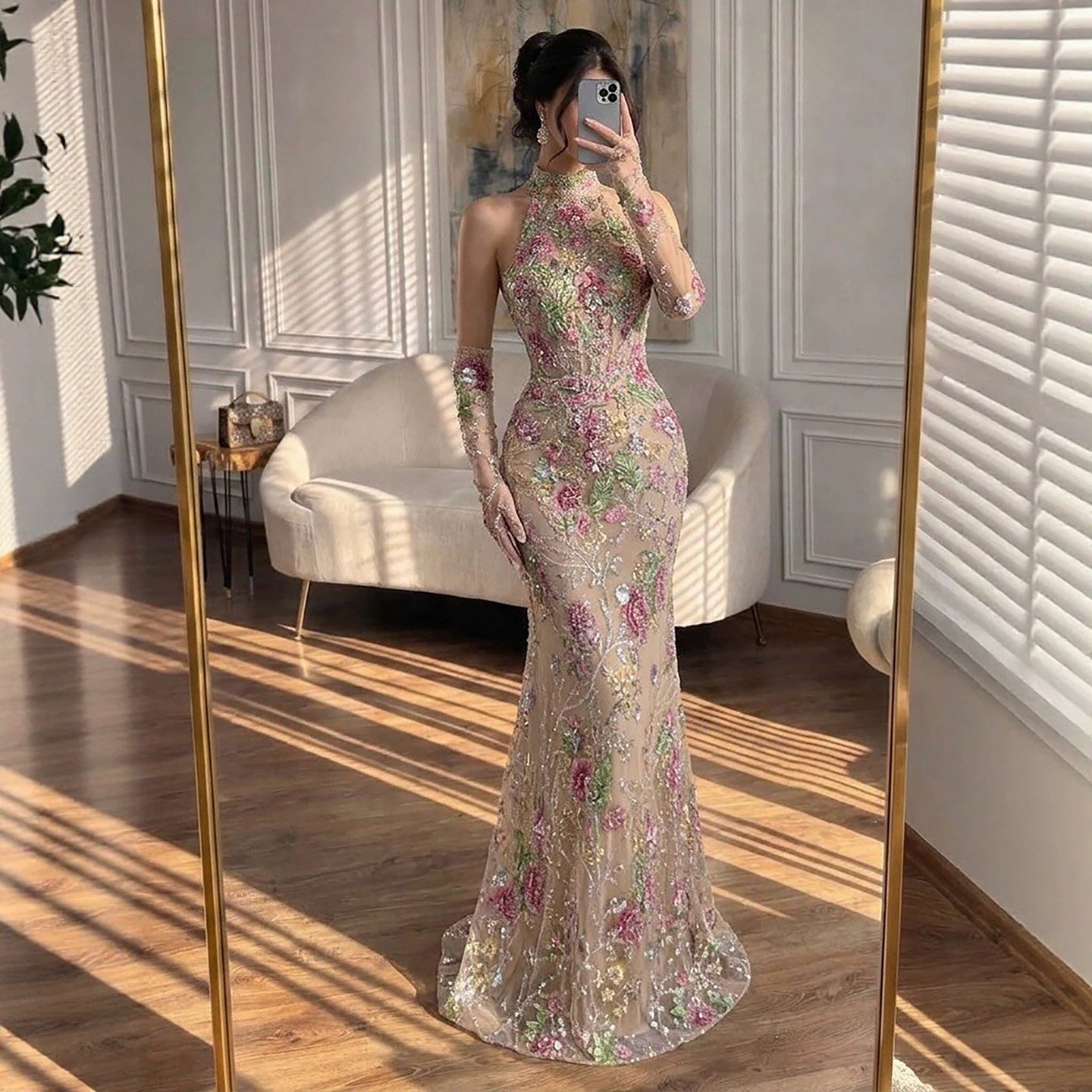 Luxury Nude Pink High Neck Floral Beaded Mermaid Gown LA73644A