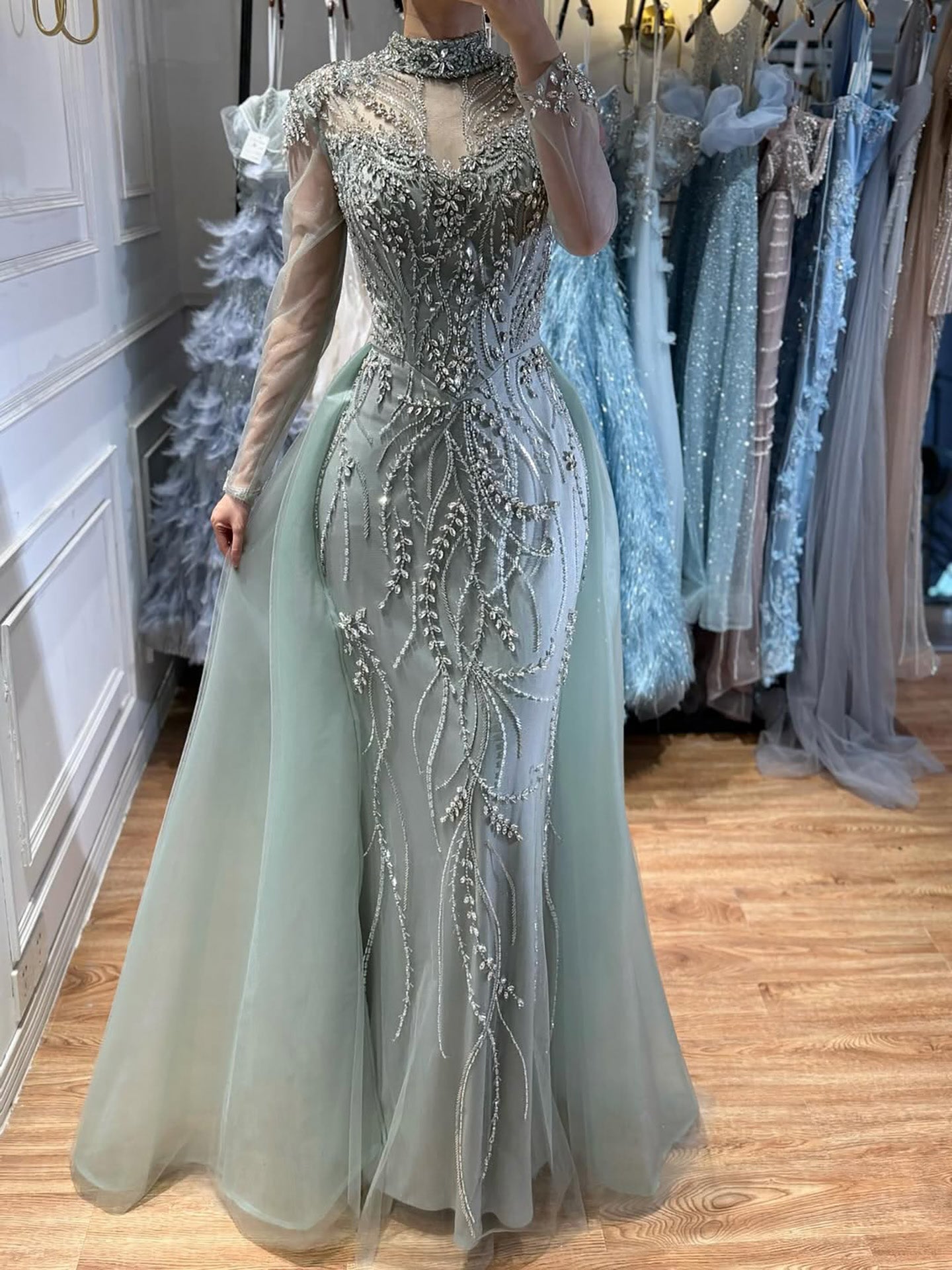 Luxury Sage Green Beaded Mermaid Evening Dress with Overskirt CLA73647