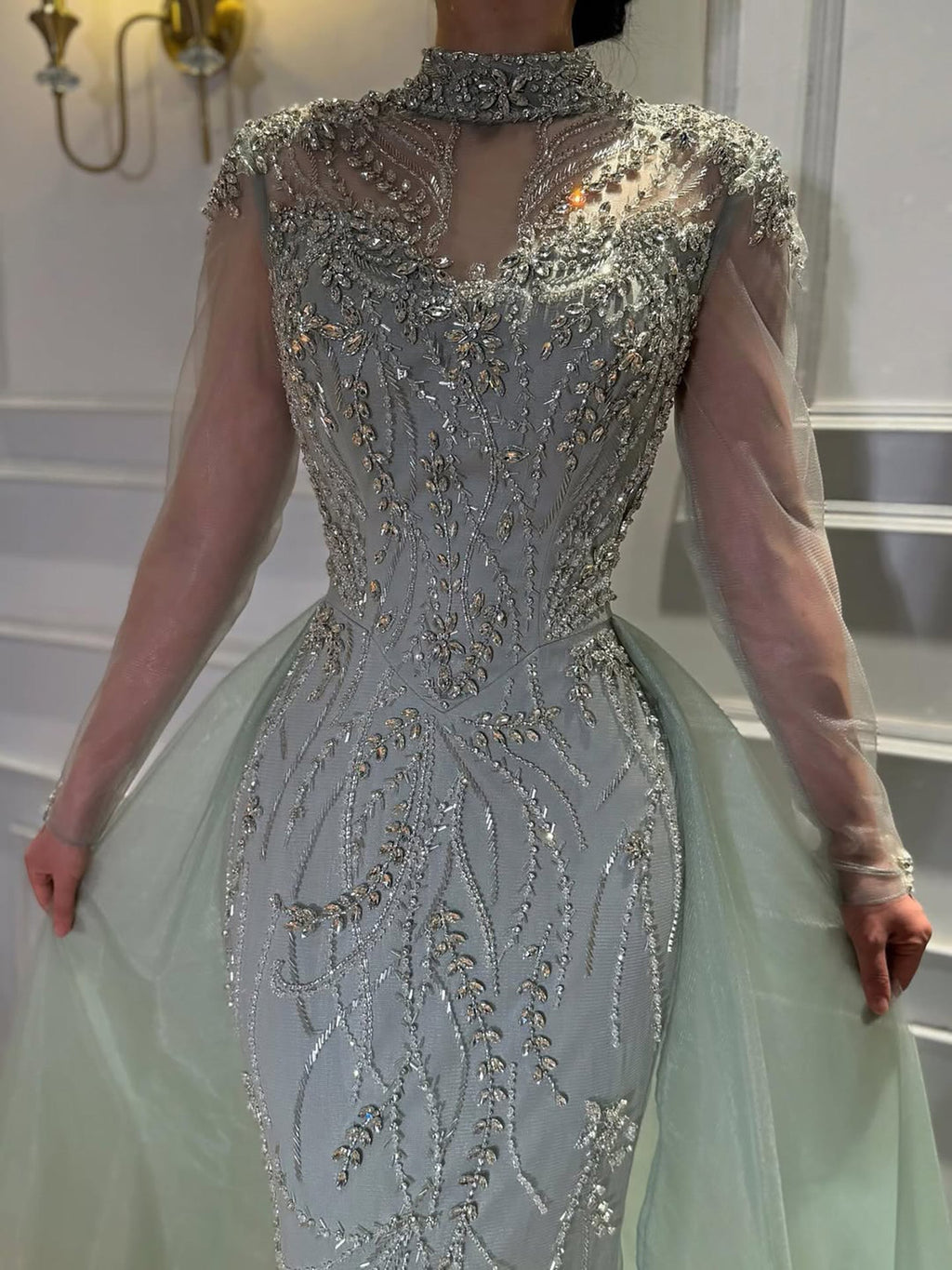 Luxury Sage Green Beaded Mermaid Evening Dress with Overskirt CLA73647