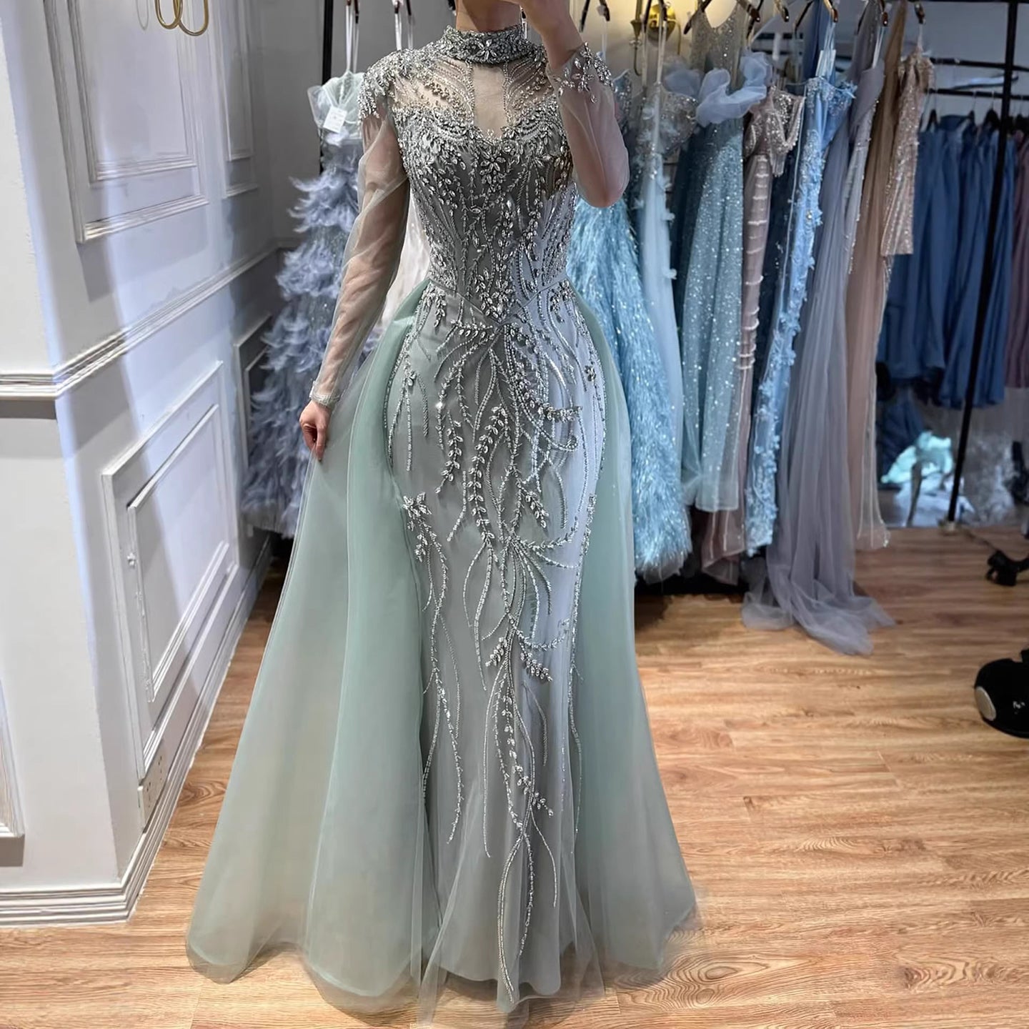 Luxury Sage Green Beaded Mermaid Evening Dress with Overskirt CLA73647