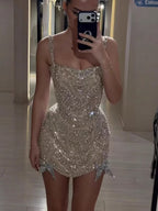 Luxury Silver Bow Detail Spaghetti Straps Beaded Evening Mini Dress CLA73649