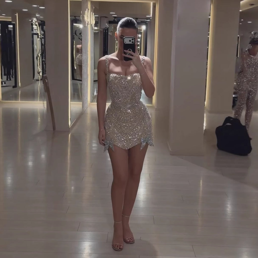 Luxury Silver Bow Detail Spaghetti Straps Beaded Evening Mini Dress CLA73649