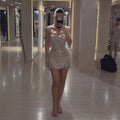 Luxury Silver Bow Detail Spaghetti Straps Beaded Evening Mini Dress CLA73649