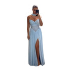 Blue Chiffon Off-the-Shoulder Prom Evening Dress With Scarf Slit LA73650