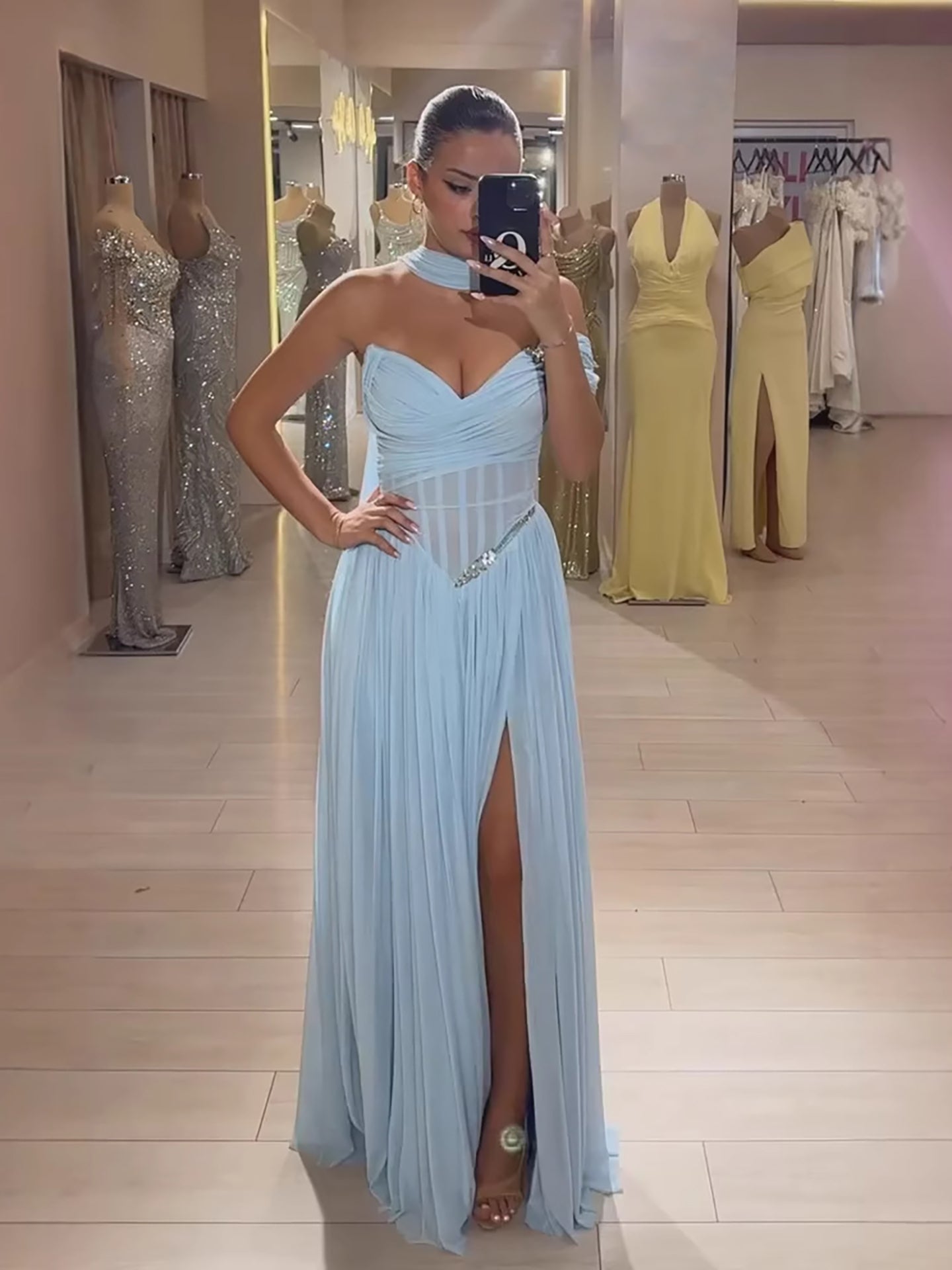 Blue Chiffon Off-the-Shoulder Prom Evening Dress With Scarf Slit LA73650