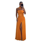 Orange Chiffon Off Shoulder Prom Evening Dress with Scarf Slit CLA73651