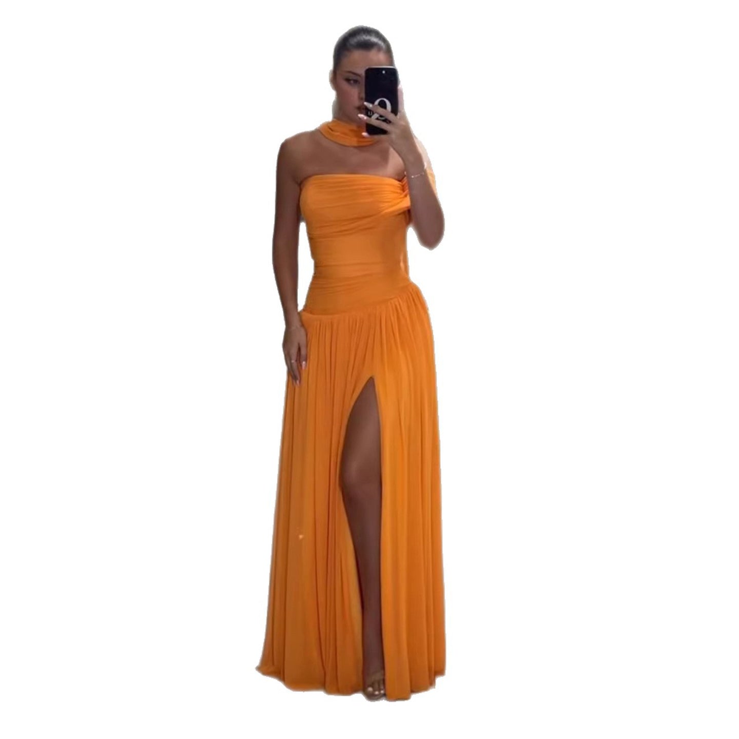 Orange Chiffon Off Shoulder Prom Evening Dress with Scarf Slit CLA73651