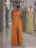 Orange Chiffon Off Shoulder Prom Evening Dress with Scarf Slit CLA73651