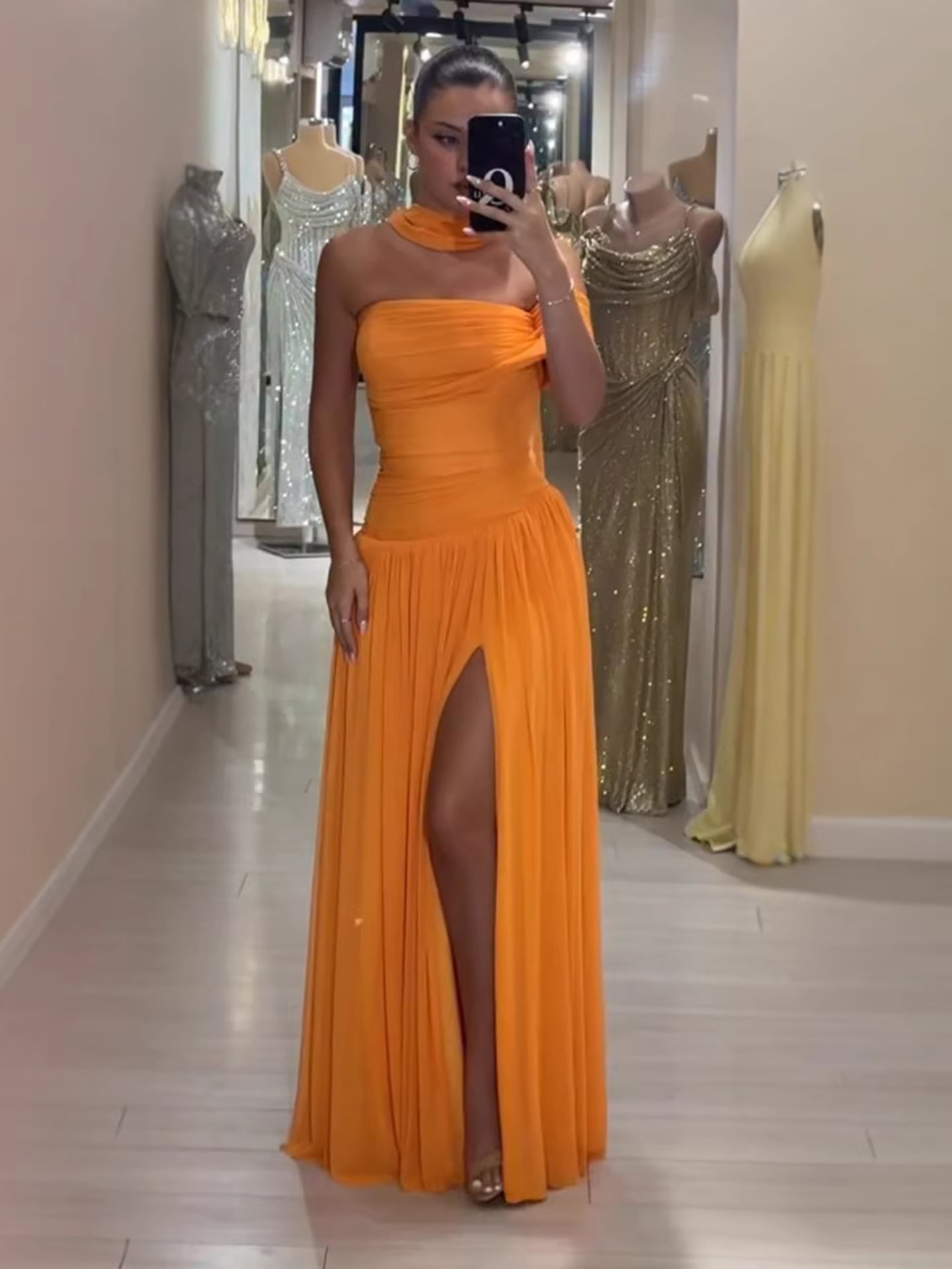 Orange Chiffon Off Shoulder Prom Evening Dress with Scarf Slit CLA73651