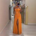Orange Chiffon Off Shoulder Prom Evening Dress with Scarf Slit CLA73651