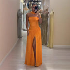 Orange Chiffon Off Shoulder Prom Evening Dress with Scarf Slit CLA73651