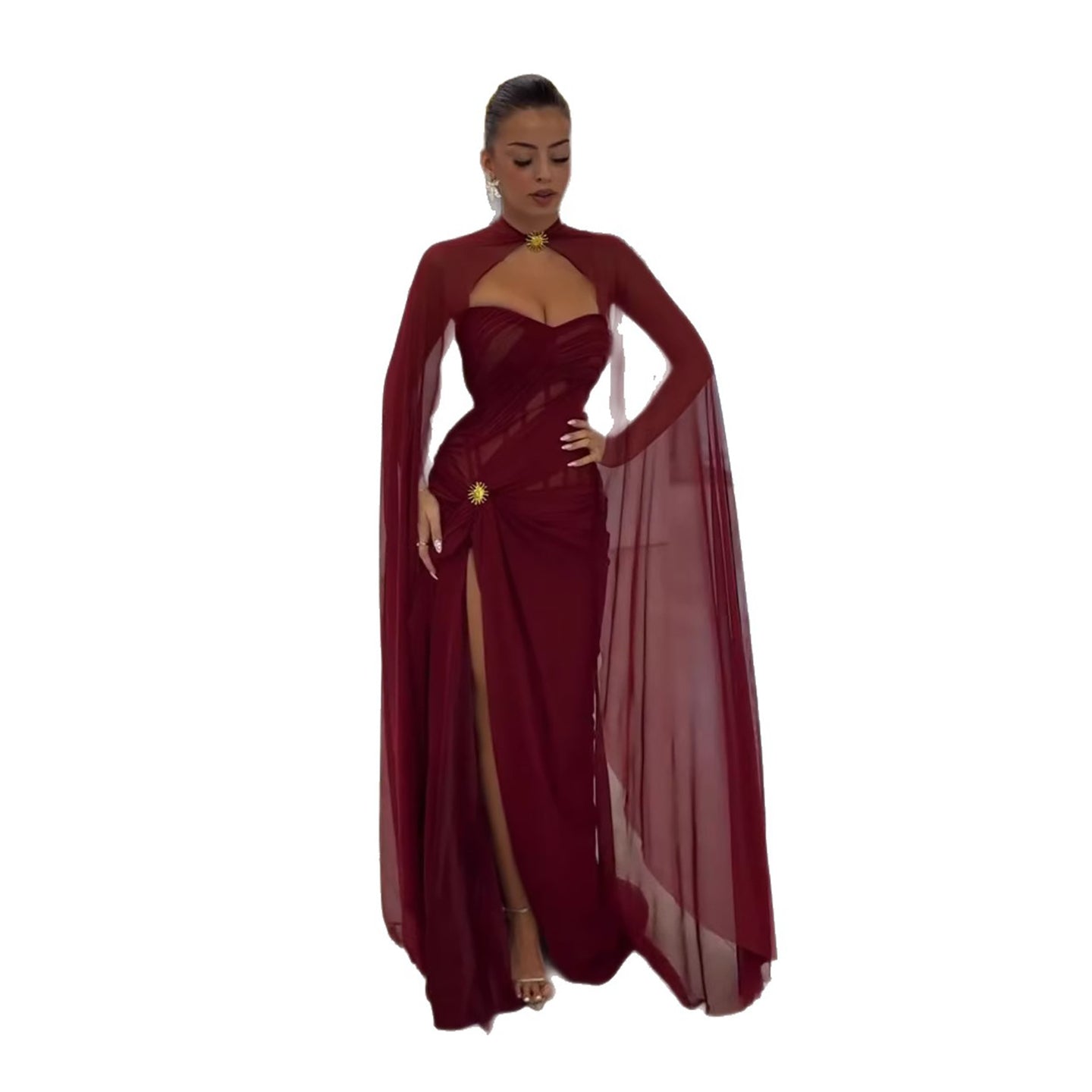 wine red Strapless Ruched Prom Evening Dress Gowns With Cape Slit CLA73652