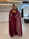 wine red Strapless Ruched Prom Evening Dress Gowns With Cape Slit CLA73652