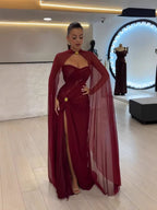 wine red Strapless Ruched Prom Evening Dress Gowns With Cape Slit CLA73652