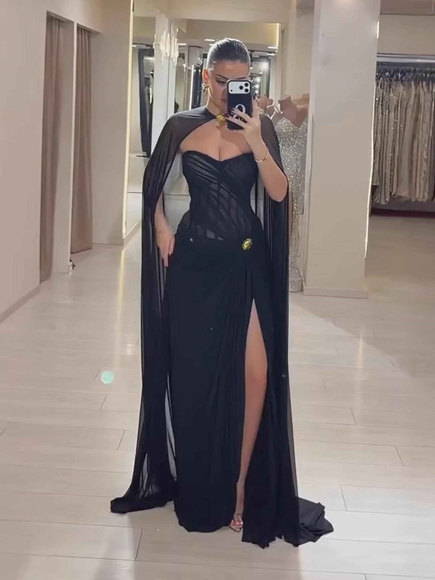 wine red Strapless Ruched Prom Evening Dress Gowns With Cape Slit CLA73652