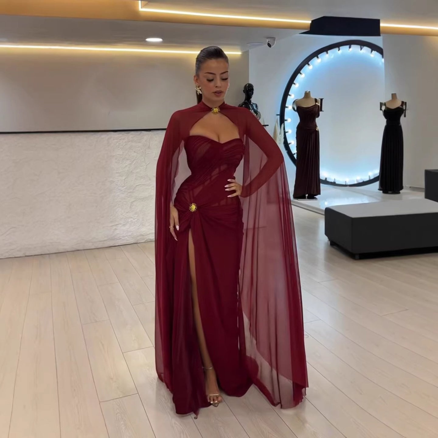 wine red Strapless Ruched Prom Evening Dress Gowns With Cape Slit CLA73652