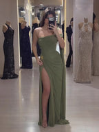 Luxury Olive Green Chiffon Off Shoulder Prom Evening Dress With Slit CLA73653