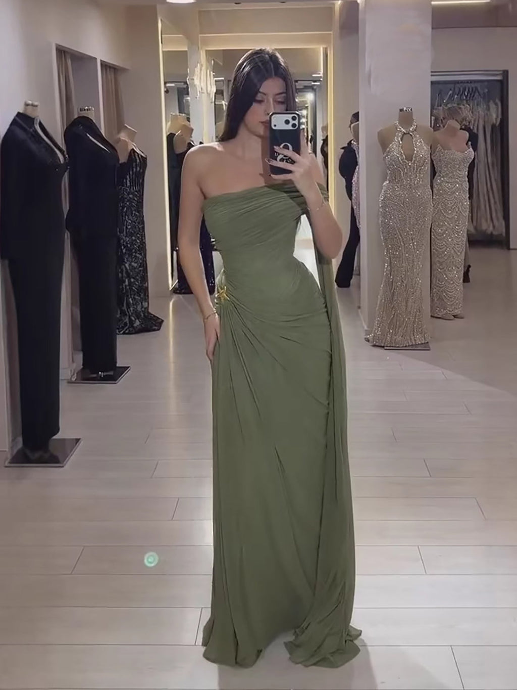 Luxury Olive Green Chiffon Off Shoulder Prom Evening Dress With Slit CLA73653